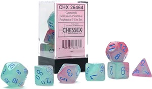 CHX26464 Chessex Gemini 7 Dice Polyhedral Set - Gel Green And Pink With Blue published by Chessex