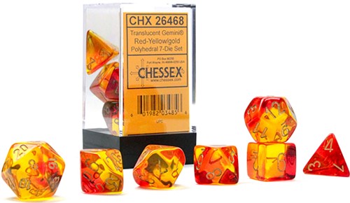 CHX26468 Chessex Gemini 7 Dice Polyhedral Set - Red And Yellow With Gold published by Chessex