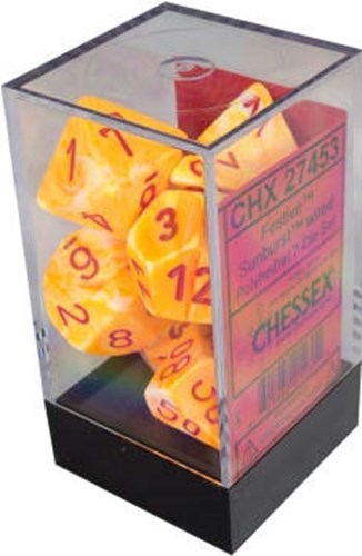 CHX27453 Chessex Festive 7 Dice Set - Sunburst with Red published by Chessex