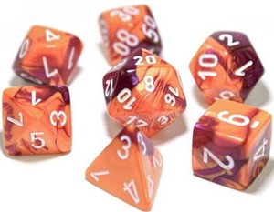 CHX30021 Chessex Gemini 7 Dice Polyhedral Set - Orange and Purple with White published by Chessex