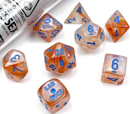 CHX30045 Chessex Luminary Lab 7 Dice Set - Rose Gold with Light Blue published by Chessex