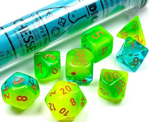 CHX30048 Chessex Luminary Lab 7 Dice Set - Plasma Green with Teal And Orange published by Chessex