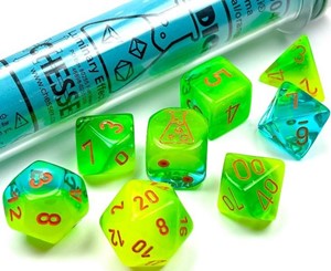 CHX30048 Chessex Luminary Lab 7 Dice Set - Plasma Green with Teal And Orange published by Chessex