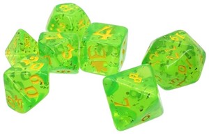 SJ5545C Munchkin Polyhedral Dice Set Green with Yellow published by Steve Jackson Games