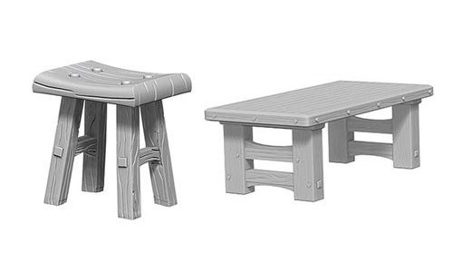 Pathfinder Deep Cuts Unpainted Miniatures: Wooden Table and Stools